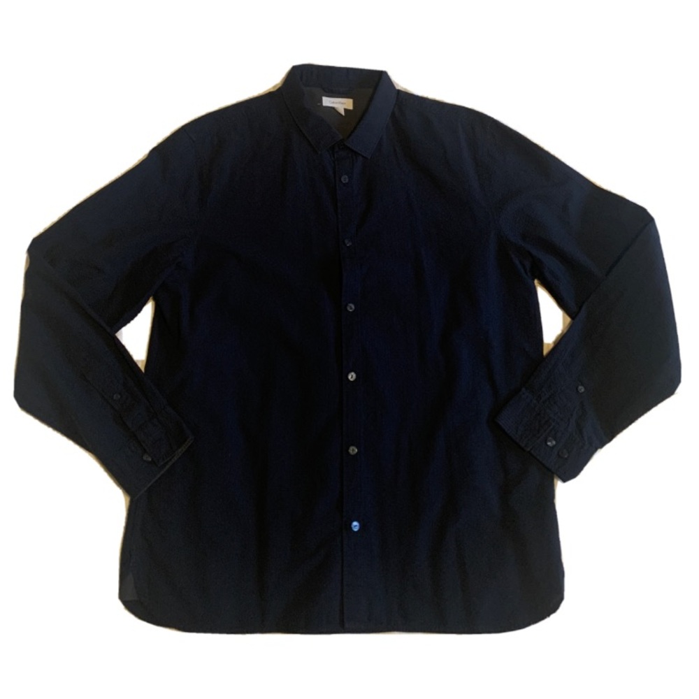 Calvin Klein mens navy blue seersucker casual/dress button down shirt navy Sz L